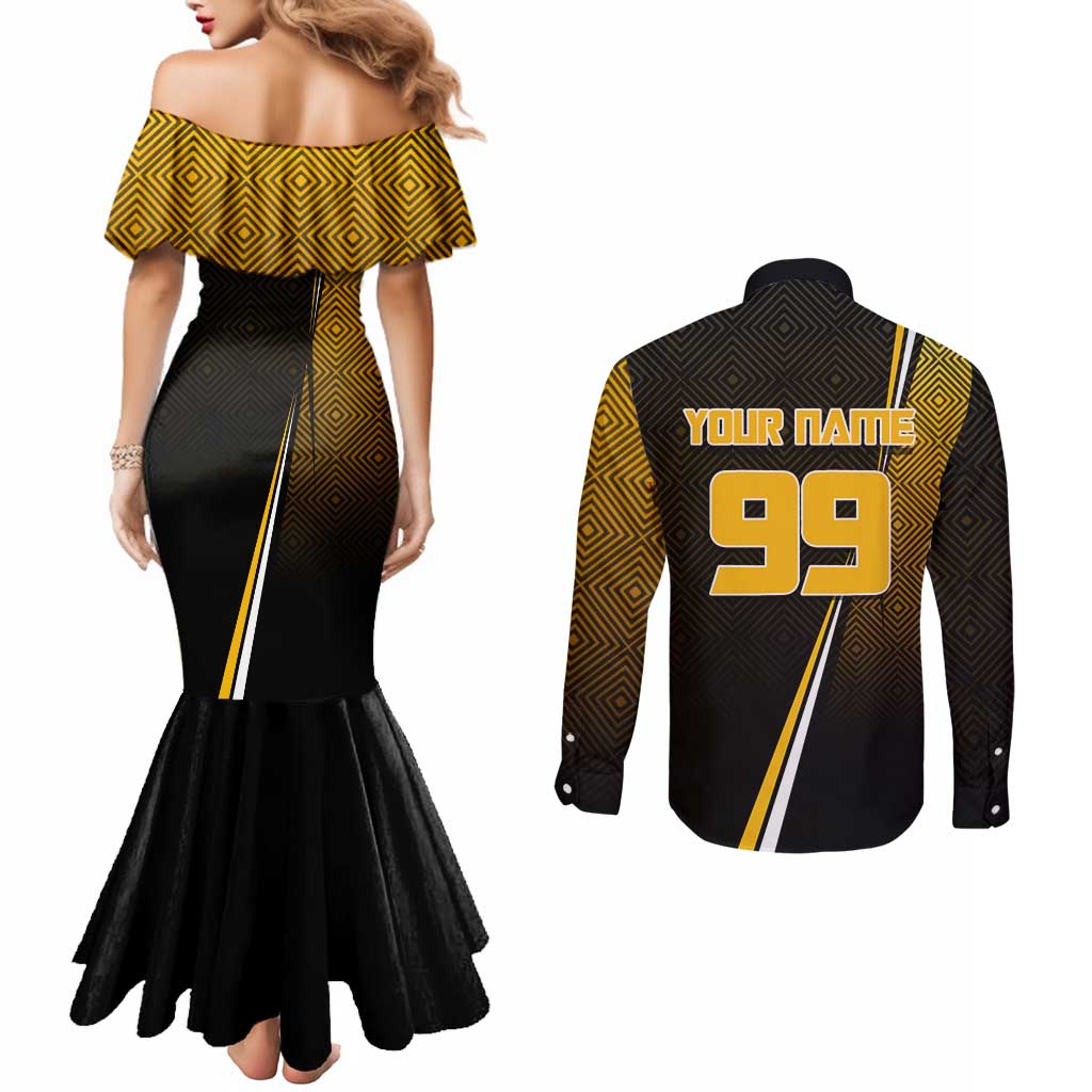 Personalized Noritoshi Kamo Jujutsu Kaisen Couples Matching Mermaid Dress and Long Sleeve Button Shirt Anime Soccer Theme with Yellow Geometric Design