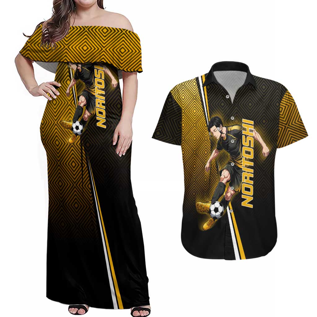 Personalized Noritoshi Kamo Jujutsu Kaisen Couples Matching Off Shoulder Maxi Dress and Hawaiian Shirt Anime Soccer Theme with Yellow Geometric Design