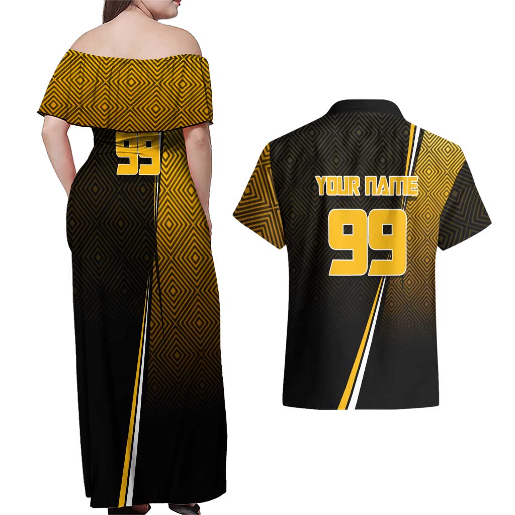 Personalized Noritoshi Kamo Jujutsu Kaisen Couples Matching Off Shoulder Maxi Dress and Hawaiian Shirt Anime Soccer Theme with Yellow Geometric Design