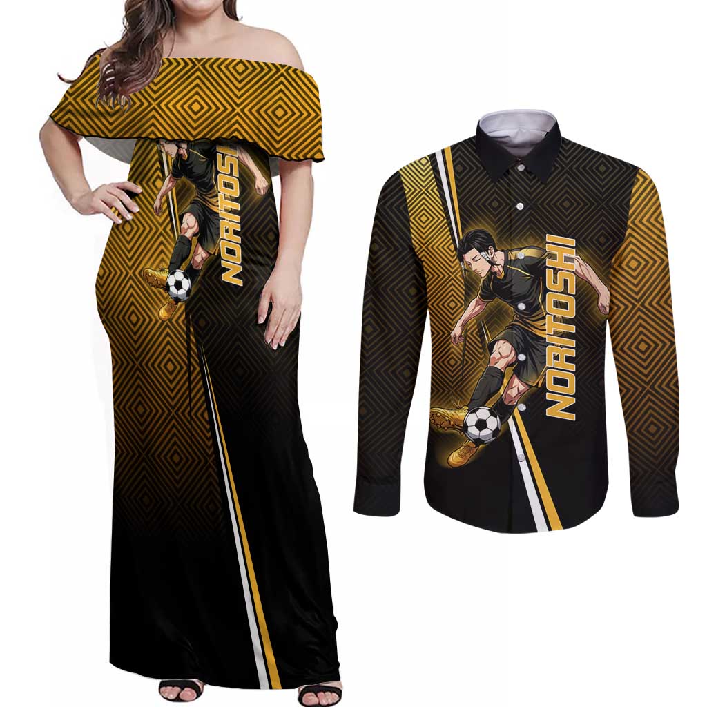 Personalized Noritoshi Kamo Jujutsu Kaisen Couples Matching Off Shoulder Maxi Dress and Long Sleeve Button Shirt Anime Soccer Theme with Yellow Geometric Design