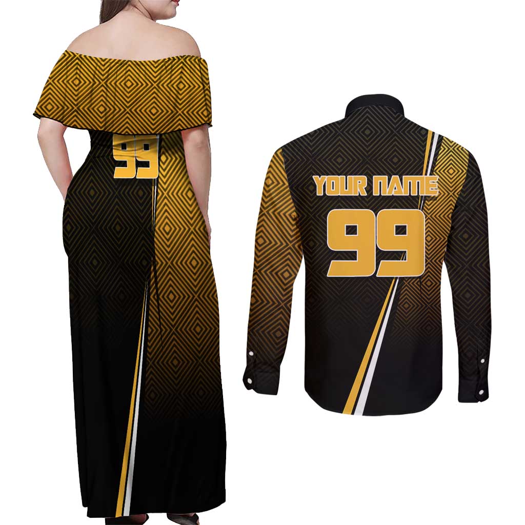 Personalized Noritoshi Kamo Jujutsu Kaisen Couples Matching Off Shoulder Maxi Dress and Long Sleeve Button Shirt Anime Soccer Theme with Yellow Geometric Design