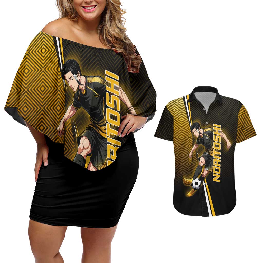 Personalized Noritoshi Kamo Jujutsu Kaisen Couples Matching Off Shoulder Short Dress and Hawaiian Shirt Anime Soccer Theme with Yellow Geometric Design