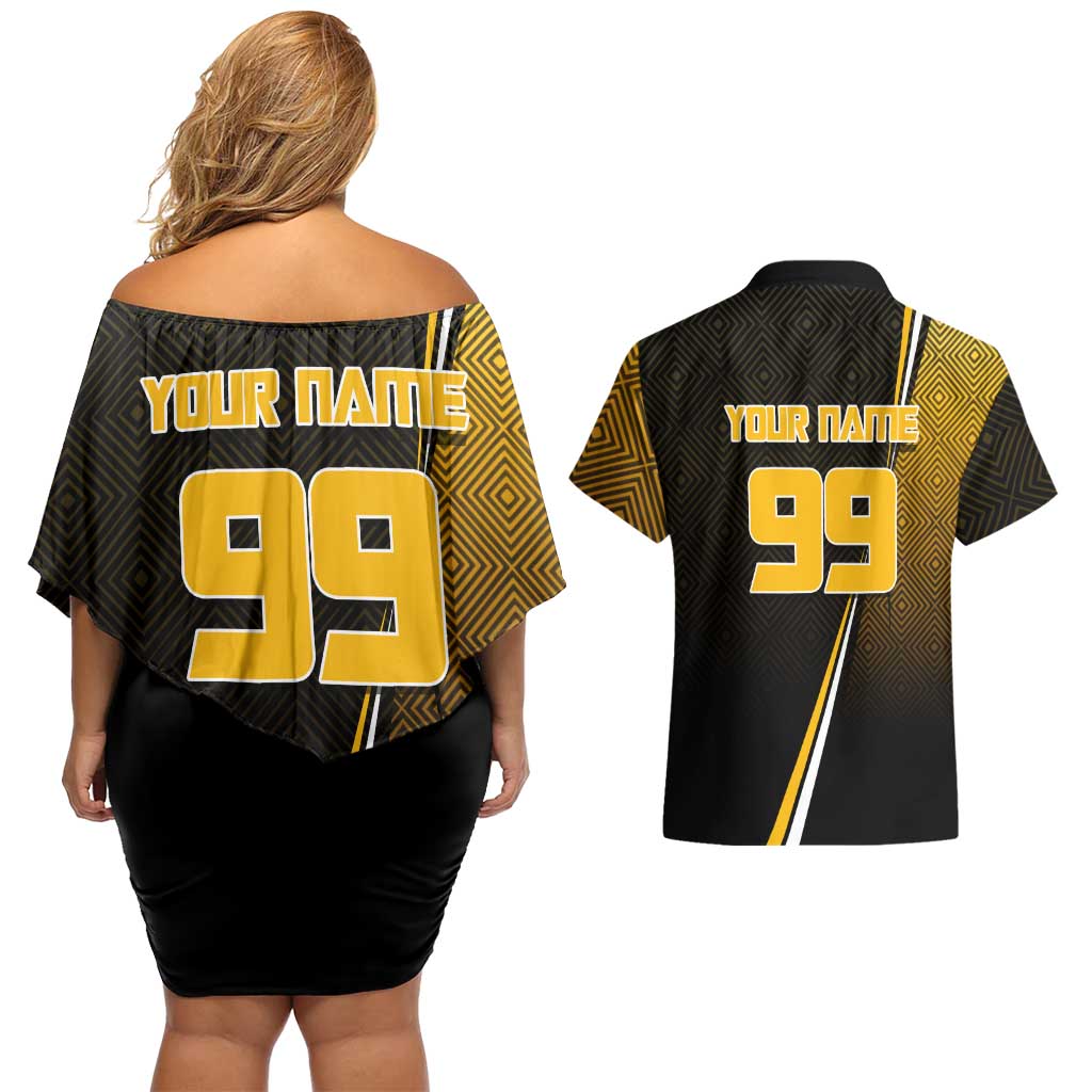 Personalized Noritoshi Kamo Jujutsu Kaisen Couples Matching Off Shoulder Short Dress and Hawaiian Shirt Anime Soccer Theme with Yellow Geometric Design