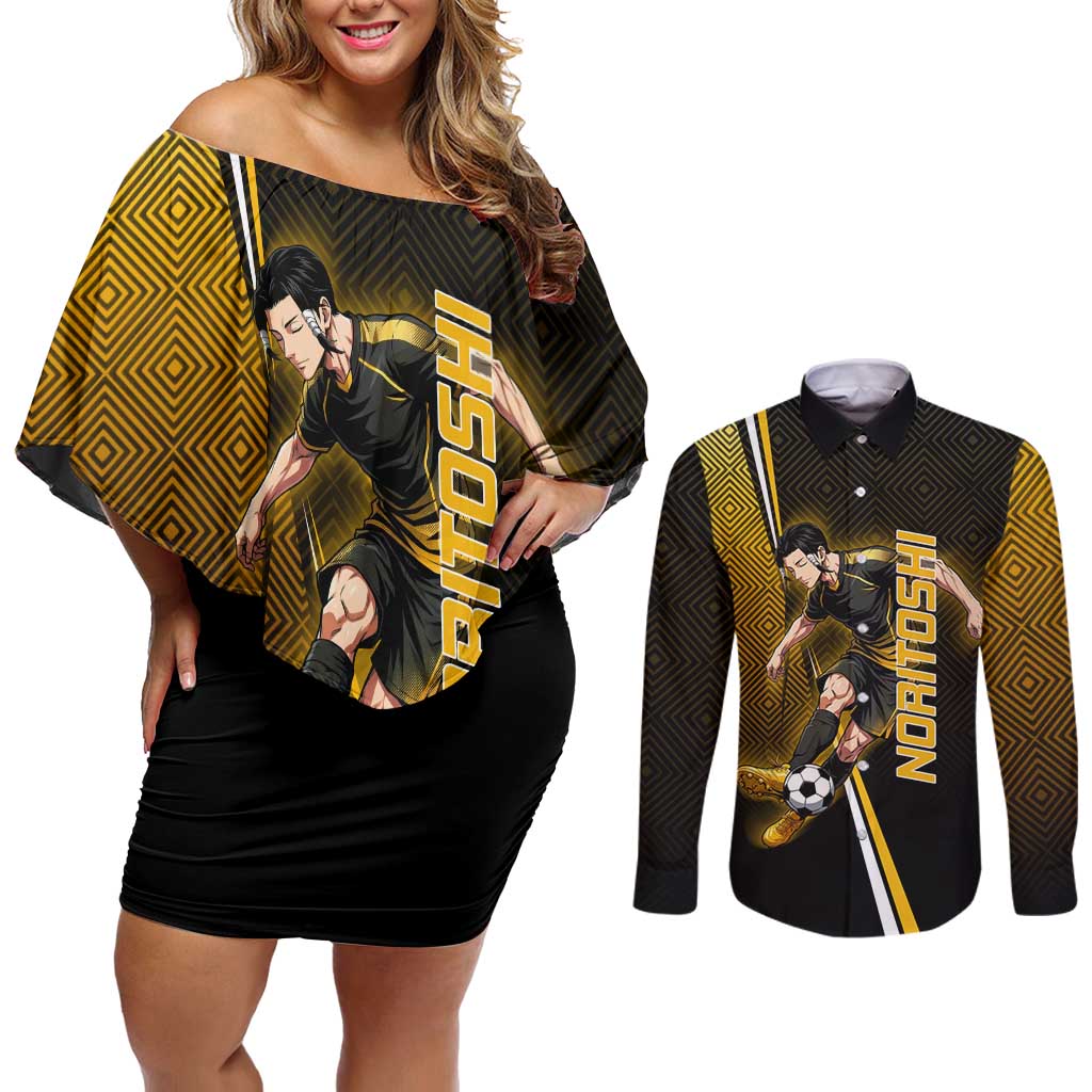 Personalized Noritoshi Kamo Jujutsu Kaisen Couples Matching Off Shoulder Short Dress and Long Sleeve Button Shirt Anime Soccer Theme with Yellow Geometric Design