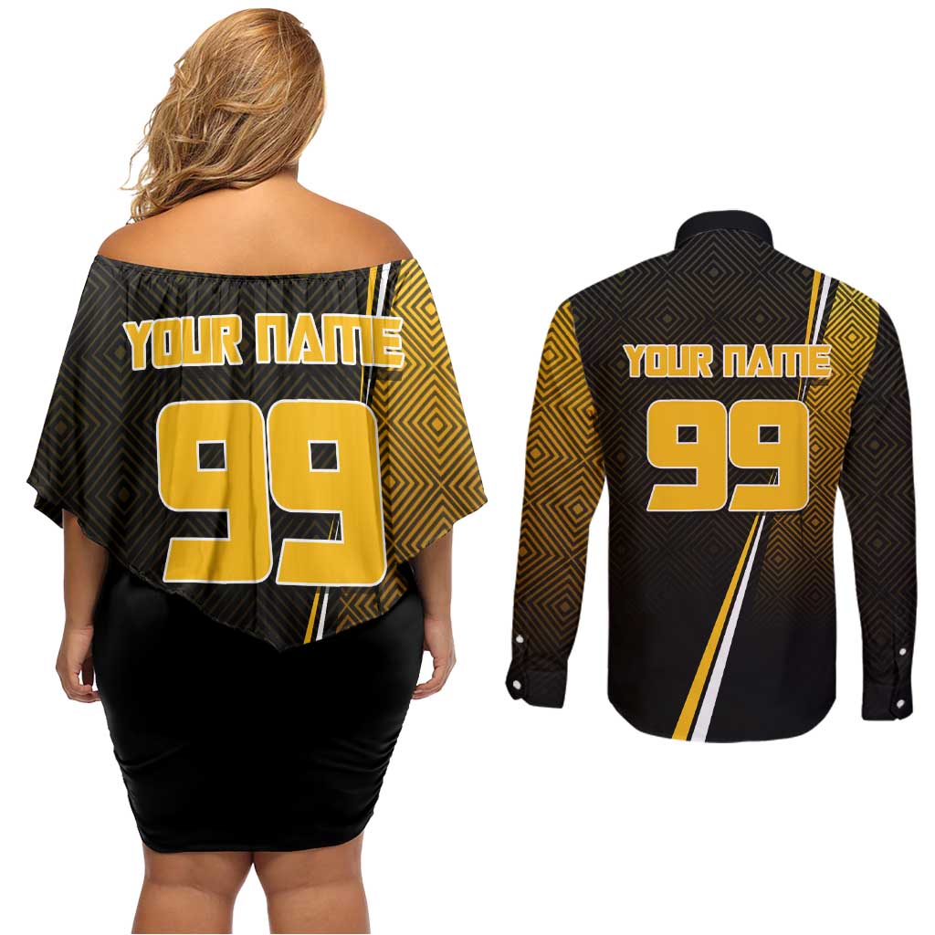 Personalized Noritoshi Kamo Jujutsu Kaisen Couples Matching Off Shoulder Short Dress and Long Sleeve Button Shirt Anime Soccer Theme with Yellow Geometric Design