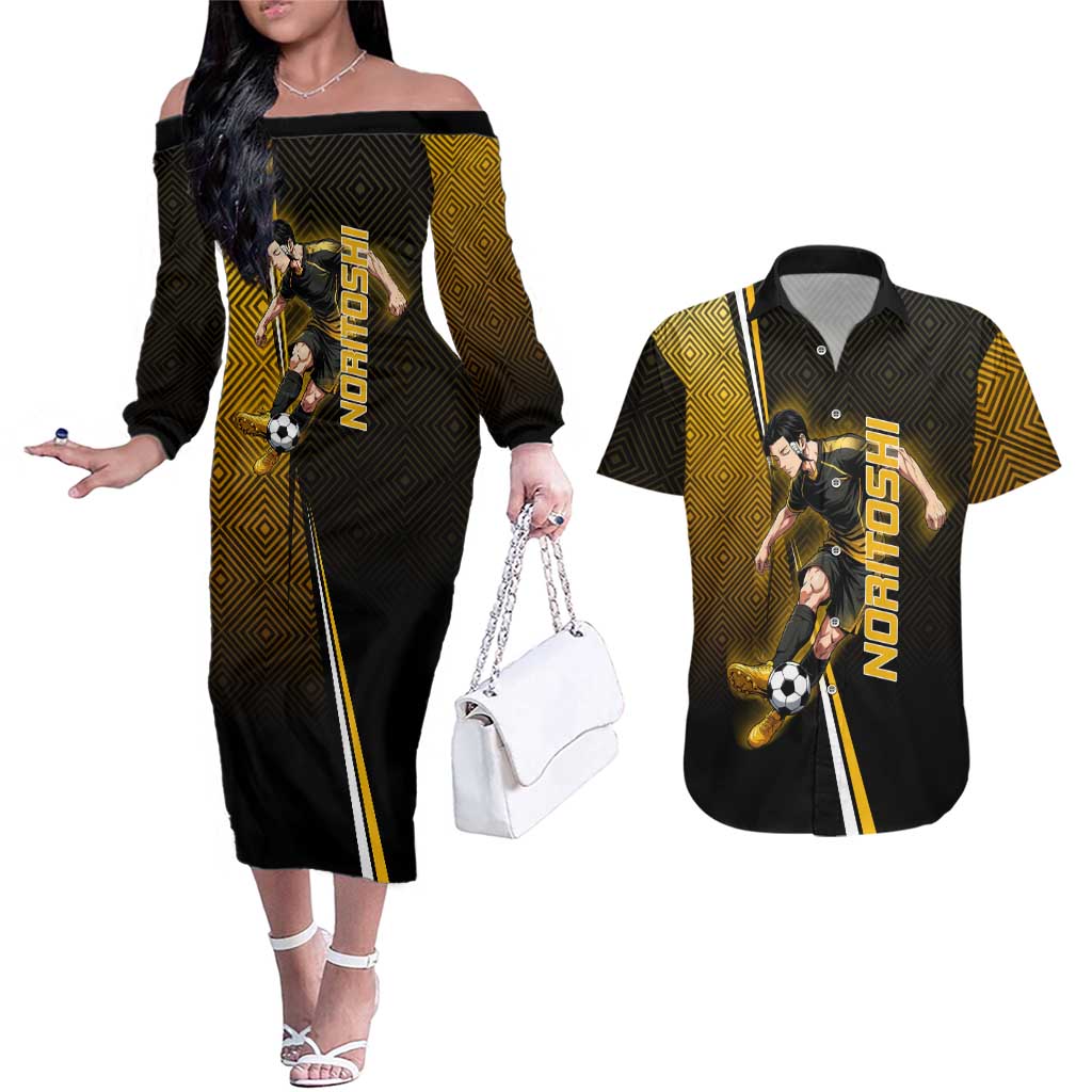 Personalized Noritoshi Kamo Jujutsu Kaisen Couples Matching Off The Shoulder Long Sleeve Dress and Hawaiian Shirt Anime Soccer Theme with Yellow Geometric Design