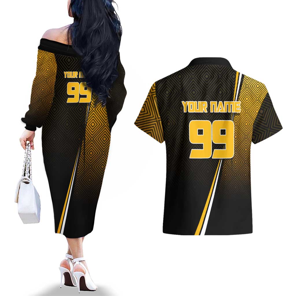 Personalized Noritoshi Kamo Jujutsu Kaisen Couples Matching Off The Shoulder Long Sleeve Dress and Hawaiian Shirt Anime Soccer Theme with Yellow Geometric Design