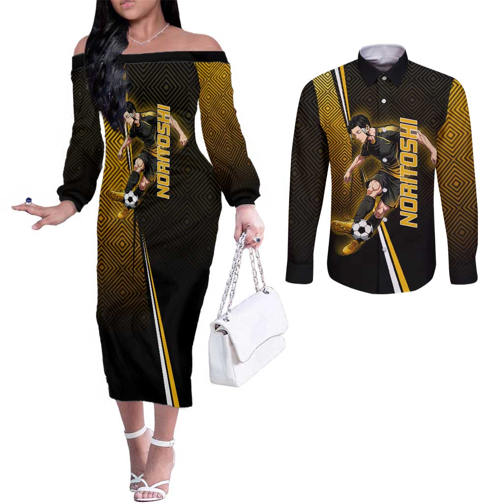 Personalized Noritoshi Kamo Jujutsu Kaisen Couples Matching Off The Shoulder Long Sleeve Dress and Long Sleeve Button Shirt Anime Soccer Theme with Yellow Geometric Design