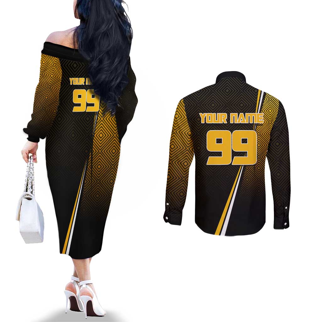 Personalized Noritoshi Kamo Jujutsu Kaisen Couples Matching Off The Shoulder Long Sleeve Dress and Long Sleeve Button Shirt Anime Soccer Theme with Yellow Geometric Design