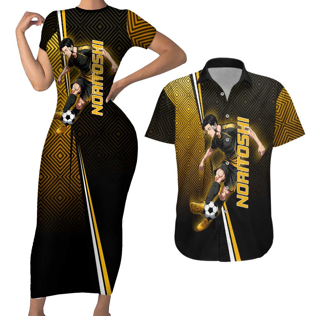 Personalized Noritoshi Kamo Jujutsu Kaisen Couples Matching Short Sleeve Bodycon Dress and Hawaiian Shirt Anime Soccer Theme with Yellow Geometric Design