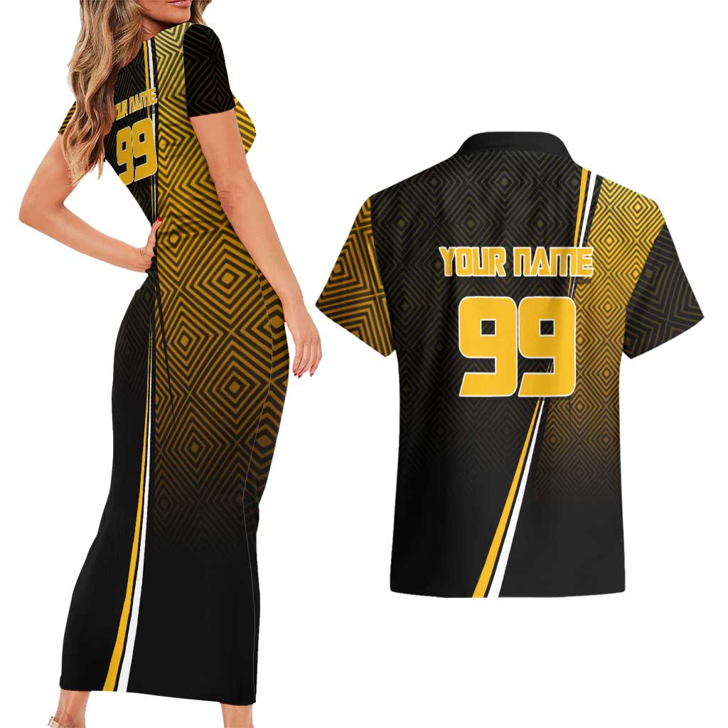 Personalized Noritoshi Kamo Jujutsu Kaisen Couples Matching Short Sleeve Bodycon Dress and Hawaiian Shirt Anime Soccer Theme with Yellow Geometric Design