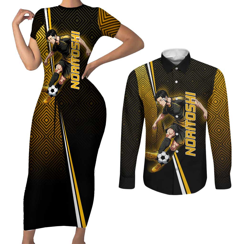 Personalized Noritoshi Kamo Jujutsu Kaisen Couples Matching Short Sleeve Bodycon Dress and Long Sleeve Button Shirt Anime Soccer Theme with Yellow Geometric Design