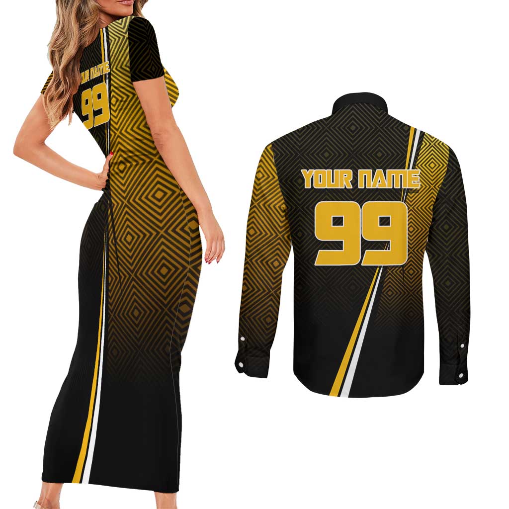 Personalized Noritoshi Kamo Jujutsu Kaisen Couples Matching Short Sleeve Bodycon Dress and Long Sleeve Button Shirt Anime Soccer Theme with Yellow Geometric Design