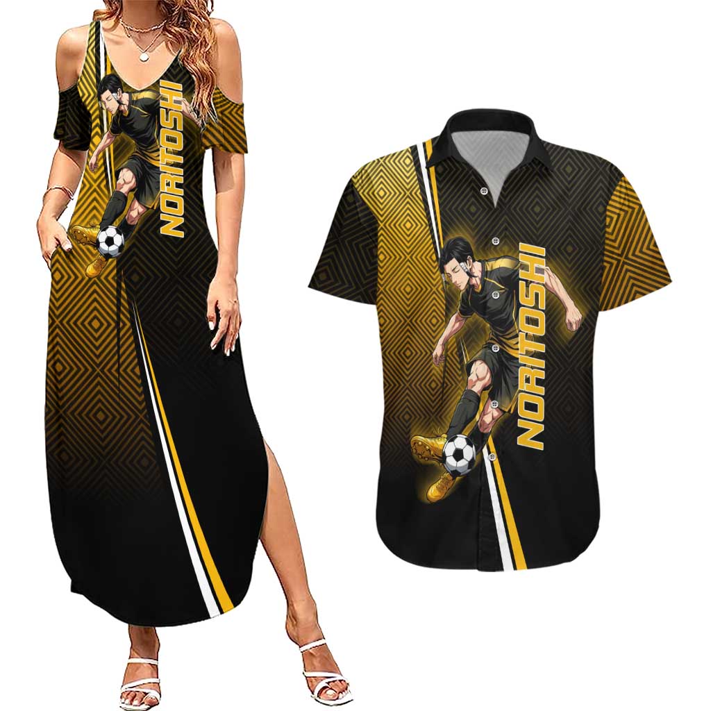 Personalized Noritoshi Kamo Jujutsu Kaisen Couples Matching Summer Maxi Dress and Hawaiian Shirt Anime Soccer Theme with Yellow Geometric Design