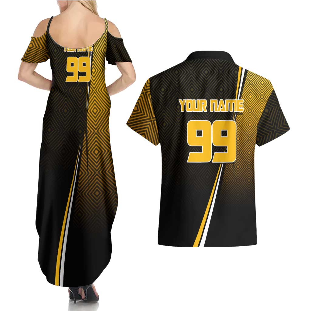 Personalized Noritoshi Kamo Jujutsu Kaisen Couples Matching Summer Maxi Dress and Hawaiian Shirt Anime Soccer Theme with Yellow Geometric Design
