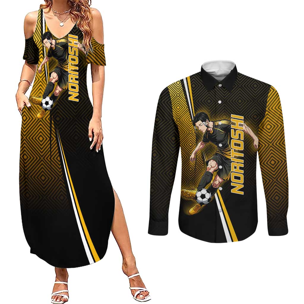 Personalized Noritoshi Kamo Jujutsu Kaisen Couples Matching Summer Maxi Dress and Long Sleeve Button Shirt Anime Soccer Theme with Yellow Geometric Design