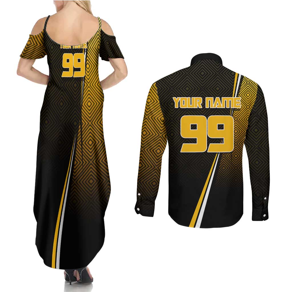 Personalized Noritoshi Kamo Jujutsu Kaisen Couples Matching Summer Maxi Dress and Long Sleeve Button Shirt Anime Soccer Theme with Yellow Geometric Design