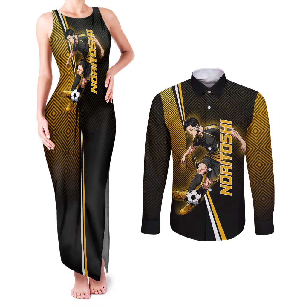 Personalized Noritoshi Kamo Jujutsu Kaisen Couples Matching Tank Maxi Dress and Long Sleeve Button Shirt Anime Soccer Theme with Yellow Geometric Design
