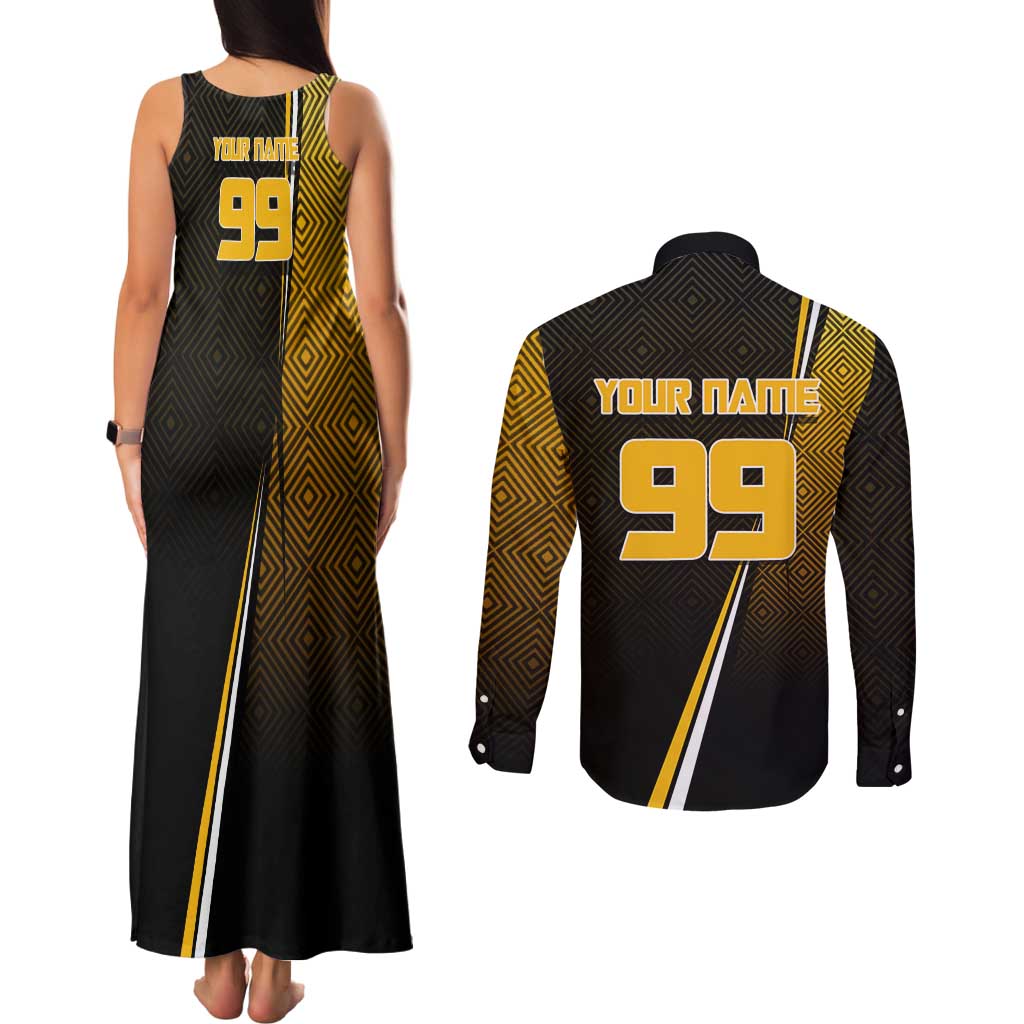 Personalized Noritoshi Kamo Jujutsu Kaisen Couples Matching Tank Maxi Dress and Long Sleeve Button Shirt Anime Soccer Theme with Yellow Geometric Design
