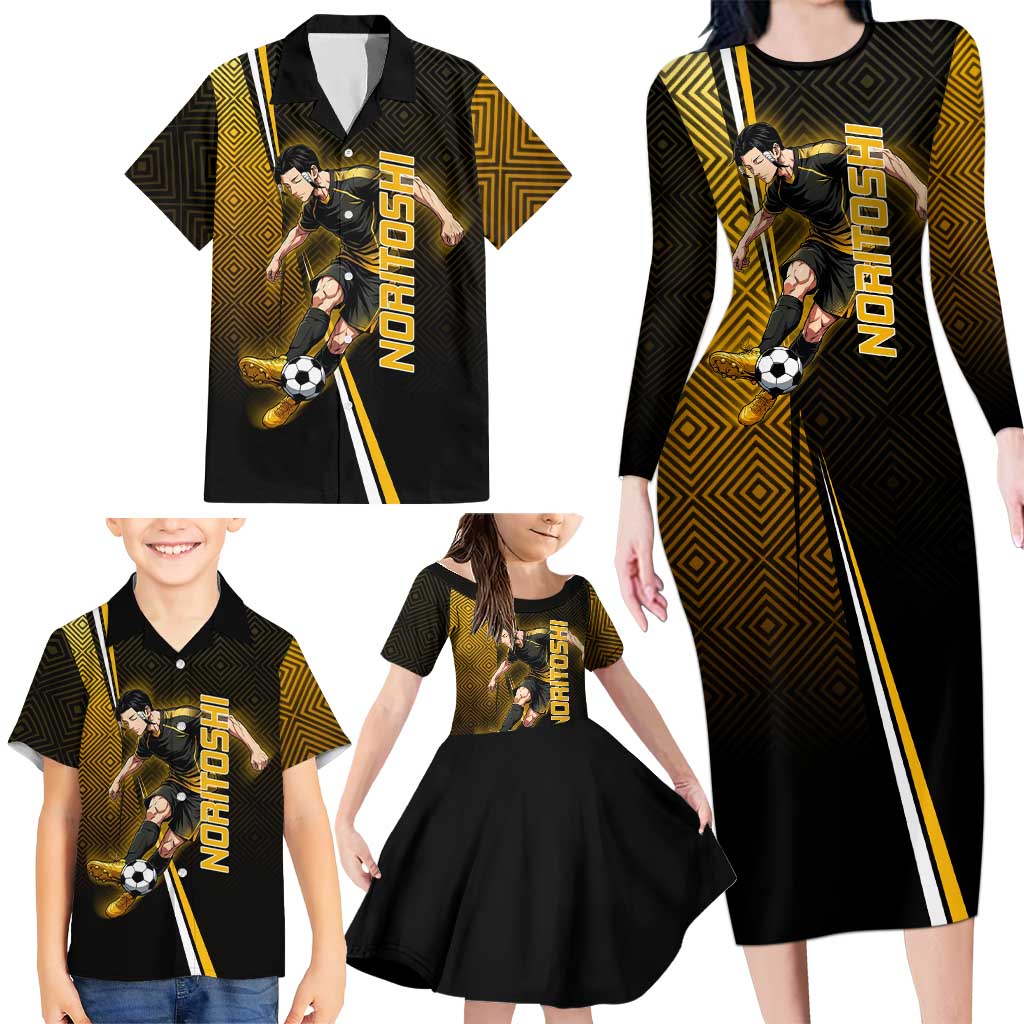 Personalized Noritoshi Kamo Jujutsu Kaisen Family Matching Long Sleeve Bodycon Dress and Hawaiian Shirt Anime Soccer Theme with Yellow Geometric Design