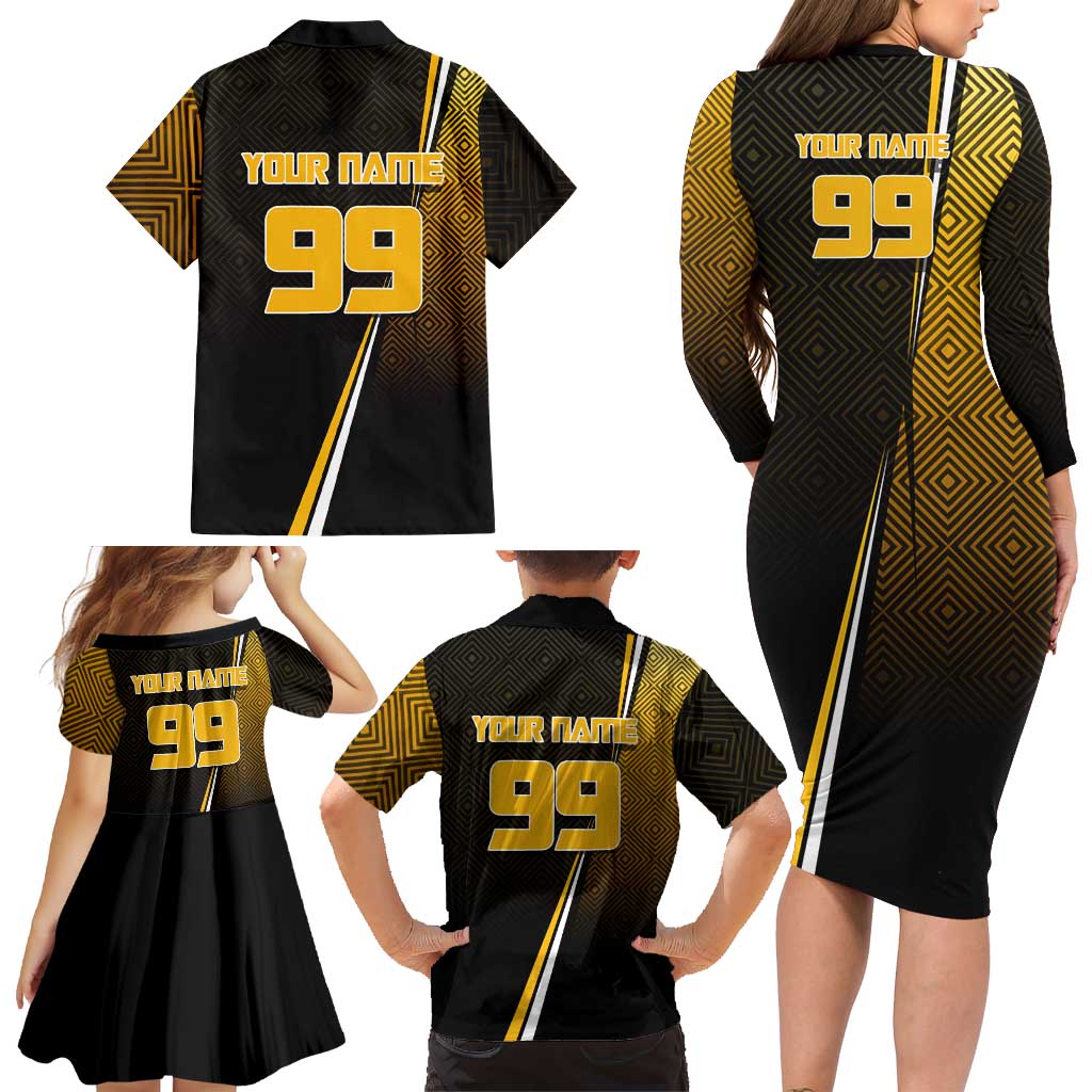 Personalized Noritoshi Kamo Jujutsu Kaisen Family Matching Long Sleeve Bodycon Dress and Hawaiian Shirt Anime Soccer Theme with Yellow Geometric Design