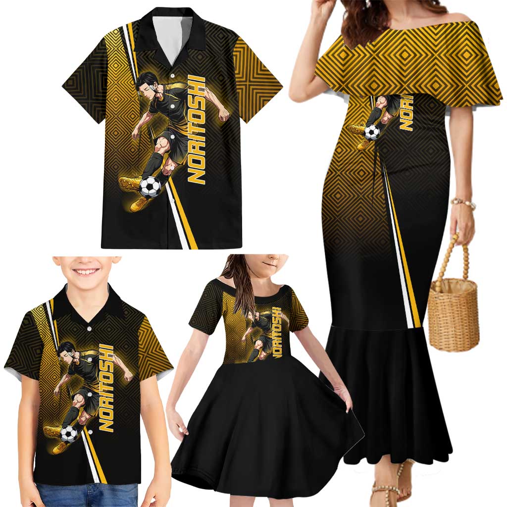 Personalized Noritoshi Kamo Jujutsu Kaisen Family Matching Mermaid Dress and Hawaiian Shirt Anime Soccer Theme with Yellow Geometric Design