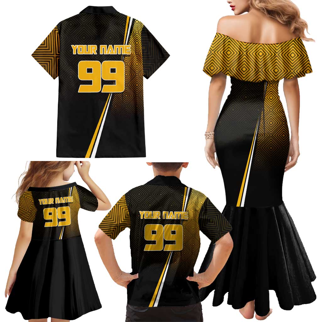 Personalized Noritoshi Kamo Jujutsu Kaisen Family Matching Mermaid Dress and Hawaiian Shirt Anime Soccer Theme with Yellow Geometric Design
