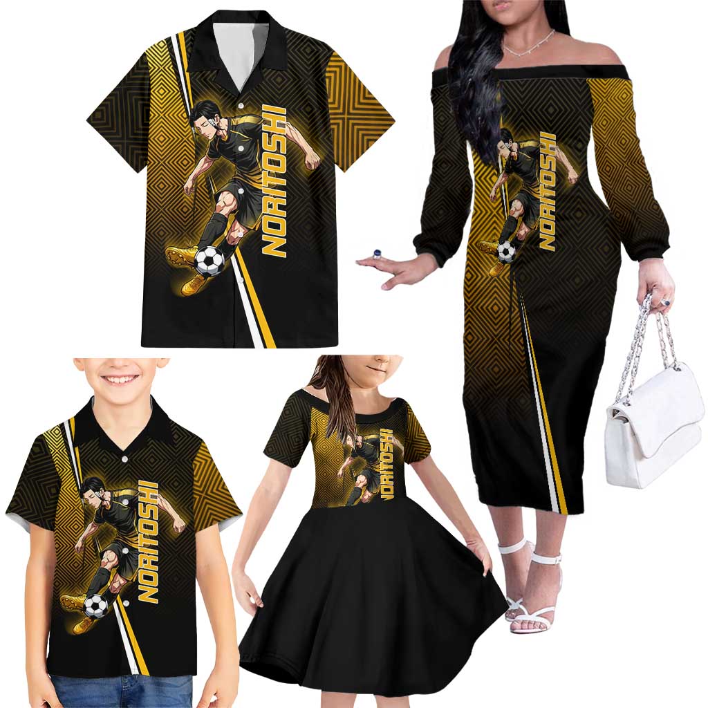 Personalized Noritoshi Kamo Jujutsu Kaisen Family Matching Off The Shoulder Long Sleeve Dress and Hawaiian Shirt Anime Soccer Theme with Yellow Geometric Design
