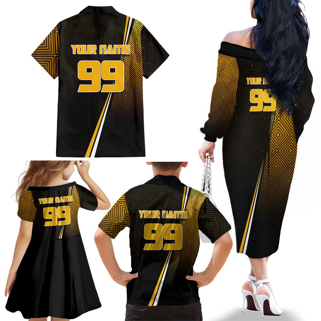 Personalized Noritoshi Kamo Jujutsu Kaisen Family Matching Off The Shoulder Long Sleeve Dress and Hawaiian Shirt Anime Soccer Theme with Yellow Geometric Design