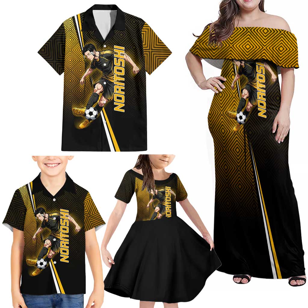 Personalized Noritoshi Kamo Jujutsu Kaisen Family Matching Off Shoulder Maxi Dress and Hawaiian Shirt Anime Soccer Theme with Yellow Geometric Design
