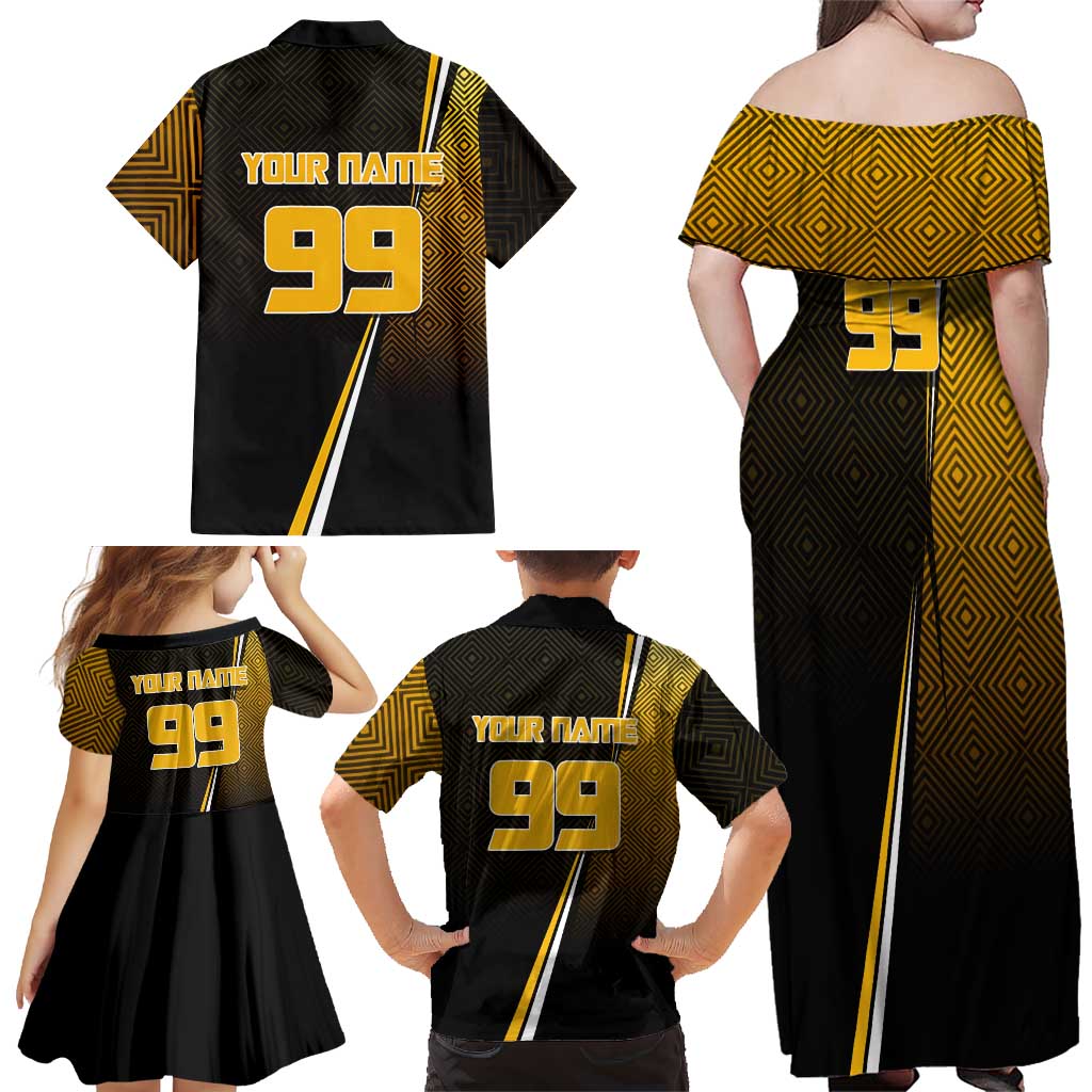 Personalized Noritoshi Kamo Jujutsu Kaisen Family Matching Off Shoulder Maxi Dress and Hawaiian Shirt Anime Soccer Theme with Yellow Geometric Design