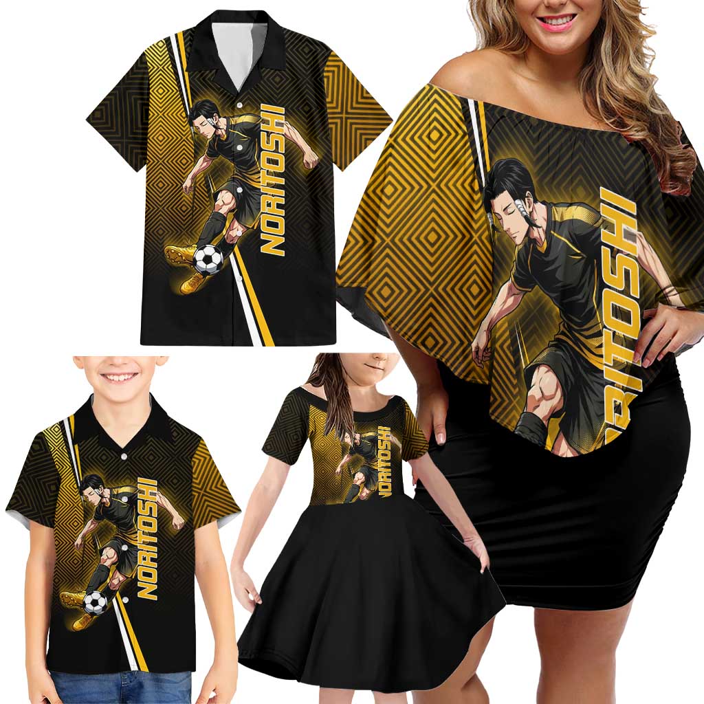 Personalized Noritoshi Kamo Jujutsu Kaisen Family Matching Off Shoulder Short Dress and Hawaiian Shirt Anime Soccer Theme with Yellow Geometric Design