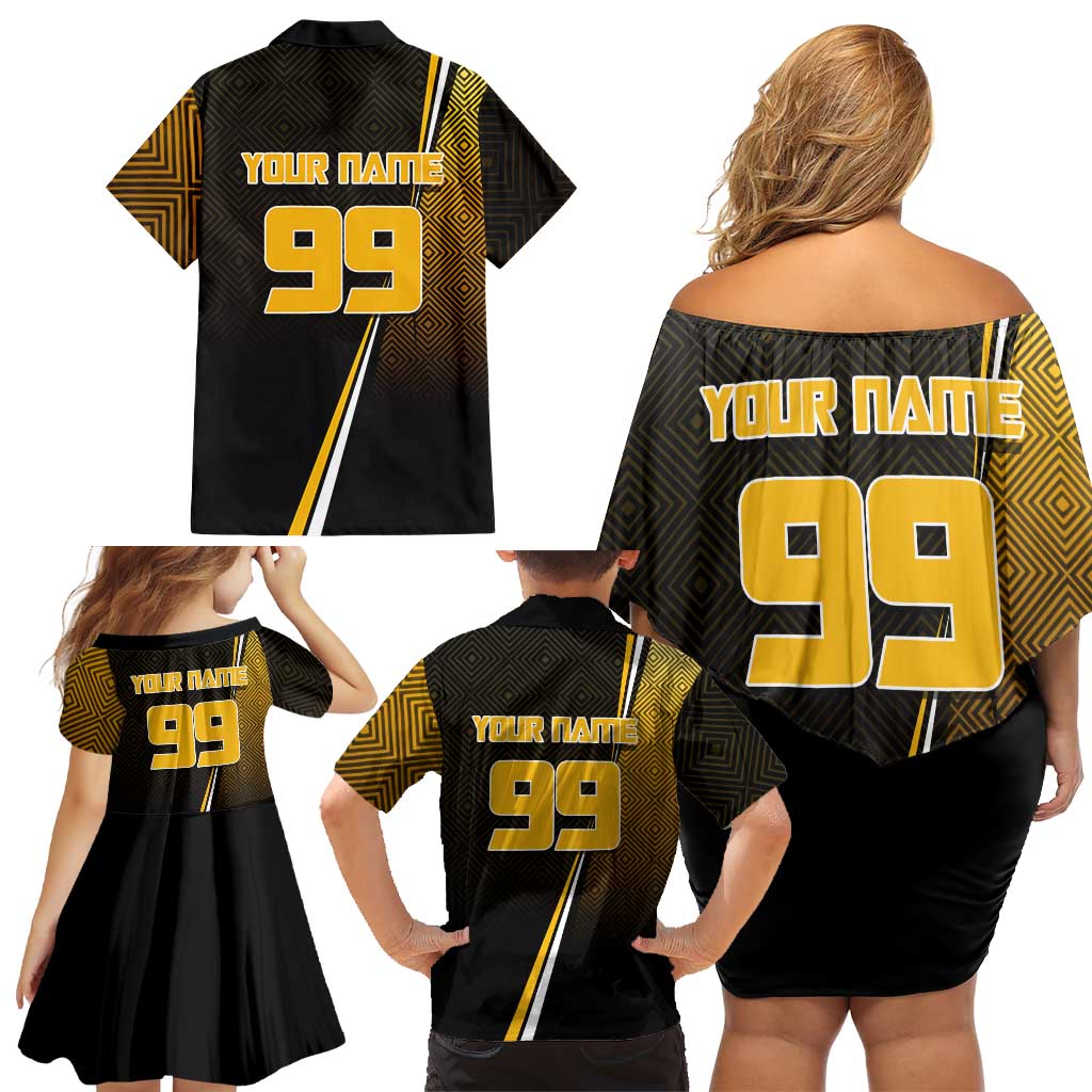 Personalized Noritoshi Kamo Jujutsu Kaisen Family Matching Off Shoulder Short Dress and Hawaiian Shirt Anime Soccer Theme with Yellow Geometric Design