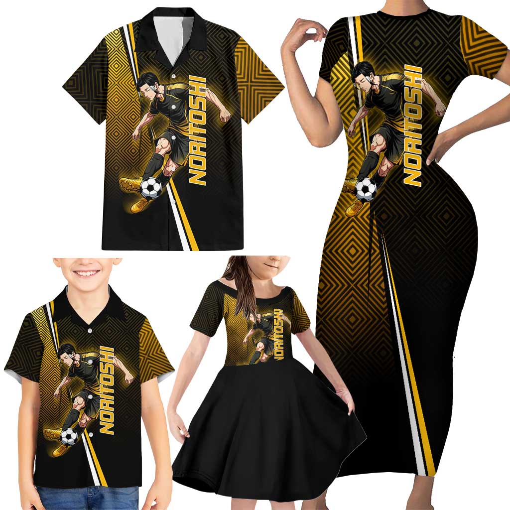 Personalized Noritoshi Kamo Jujutsu Kaisen Family Matching Short Sleeve Bodycon Dress and Hawaiian Shirt Anime Soccer Theme with Yellow Geometric Design