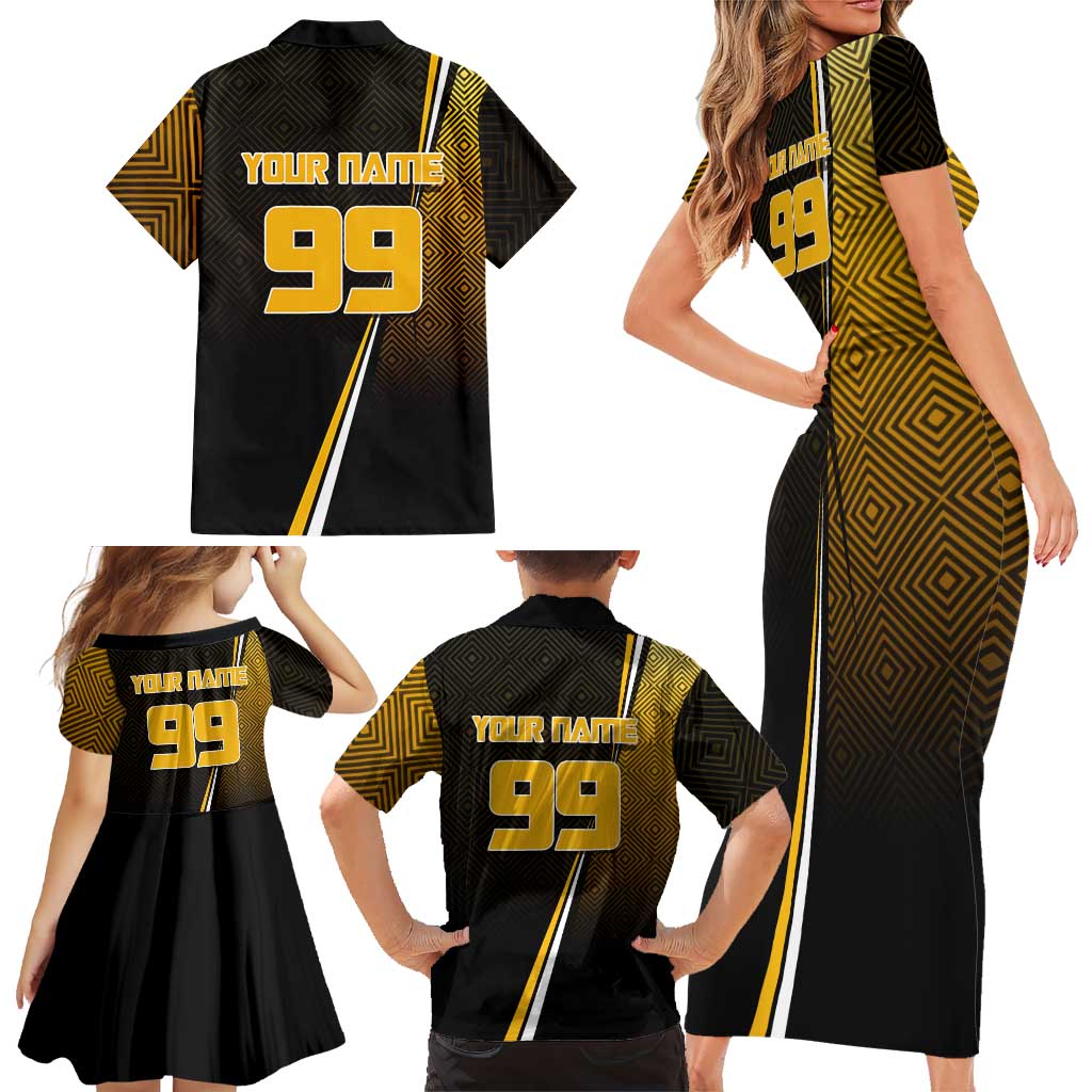 Personalized Noritoshi Kamo Jujutsu Kaisen Family Matching Short Sleeve Bodycon Dress and Hawaiian Shirt Anime Soccer Theme with Yellow Geometric Design