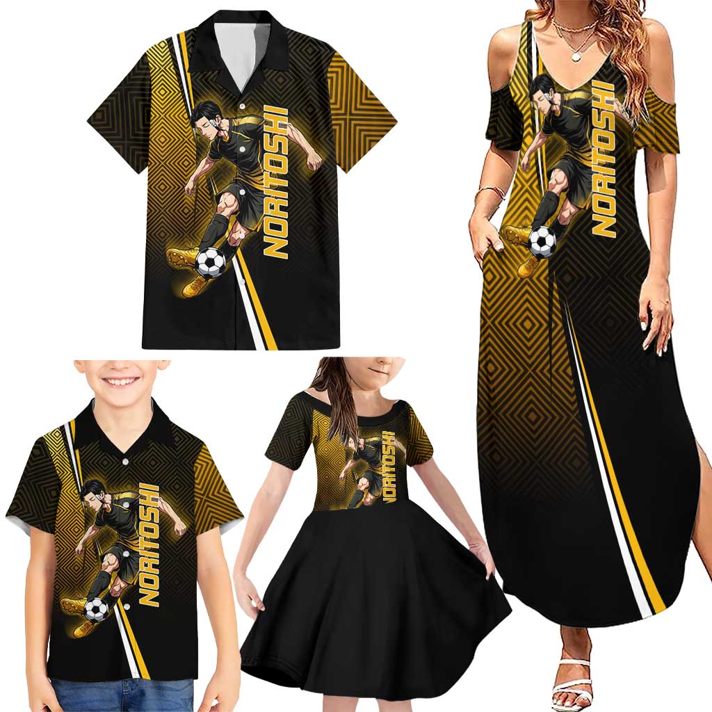 Personalized Noritoshi Kamo Jujutsu Kaisen Family Matching Summer Maxi Dress and Hawaiian Shirt Anime Soccer Theme with Yellow Geometric Design