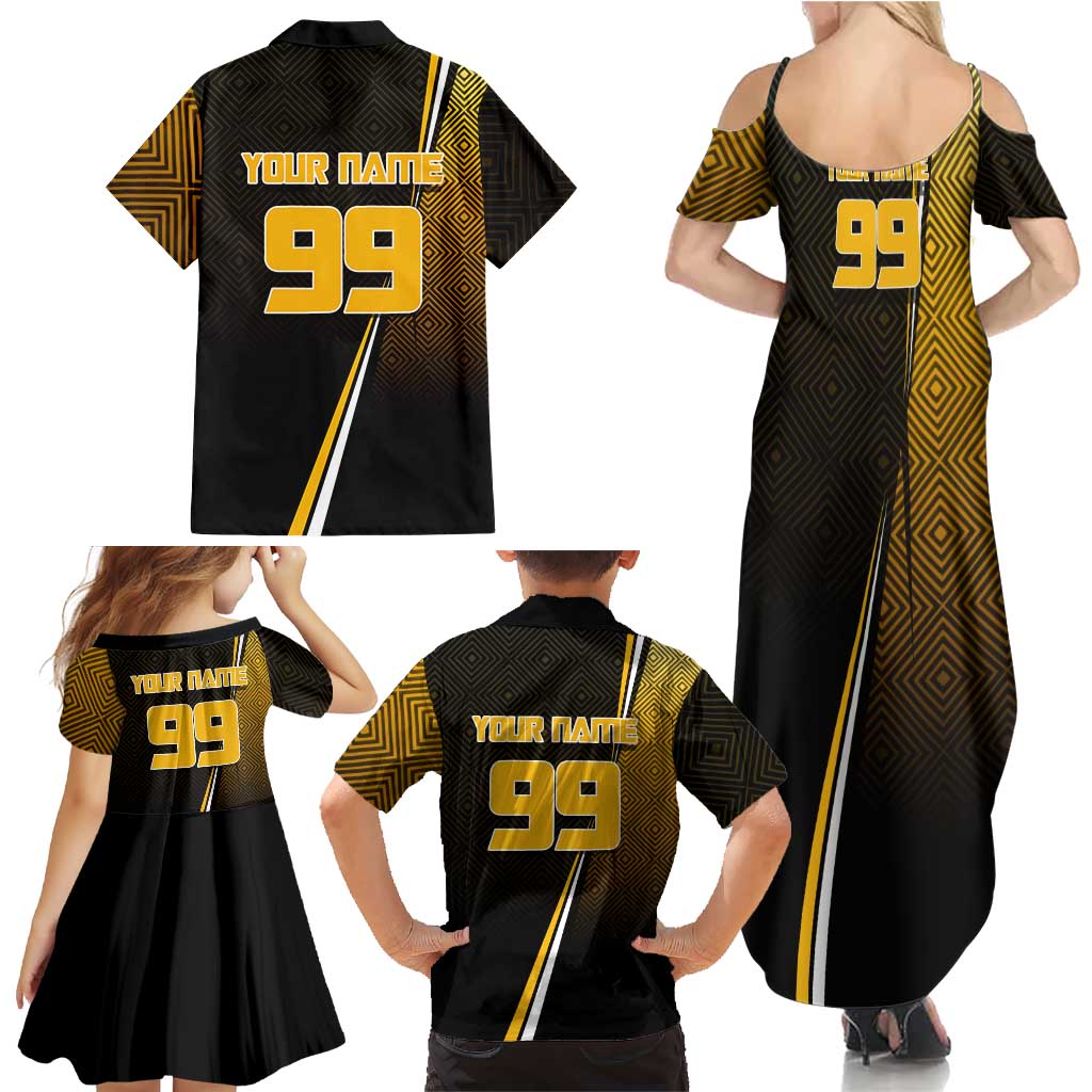 Personalized Noritoshi Kamo Jujutsu Kaisen Family Matching Summer Maxi Dress and Hawaiian Shirt Anime Soccer Theme with Yellow Geometric Design