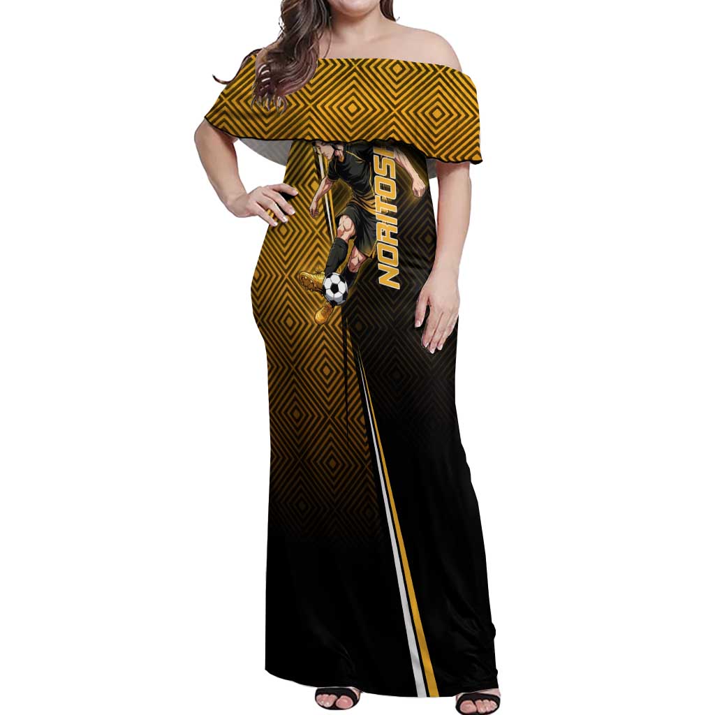 Personalized Noritoshi Kamo Jujutsu Kaisen Off Shoulder Maxi Dress Anime Soccer Theme with Yellow Geometric Design