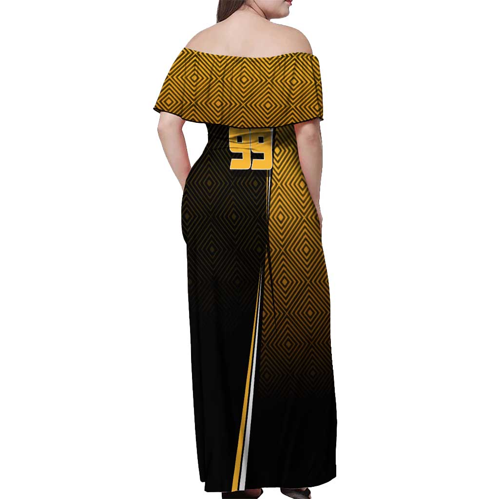 Personalized Noritoshi Kamo Jujutsu Kaisen Off Shoulder Maxi Dress Anime Soccer Theme with Yellow Geometric Design
