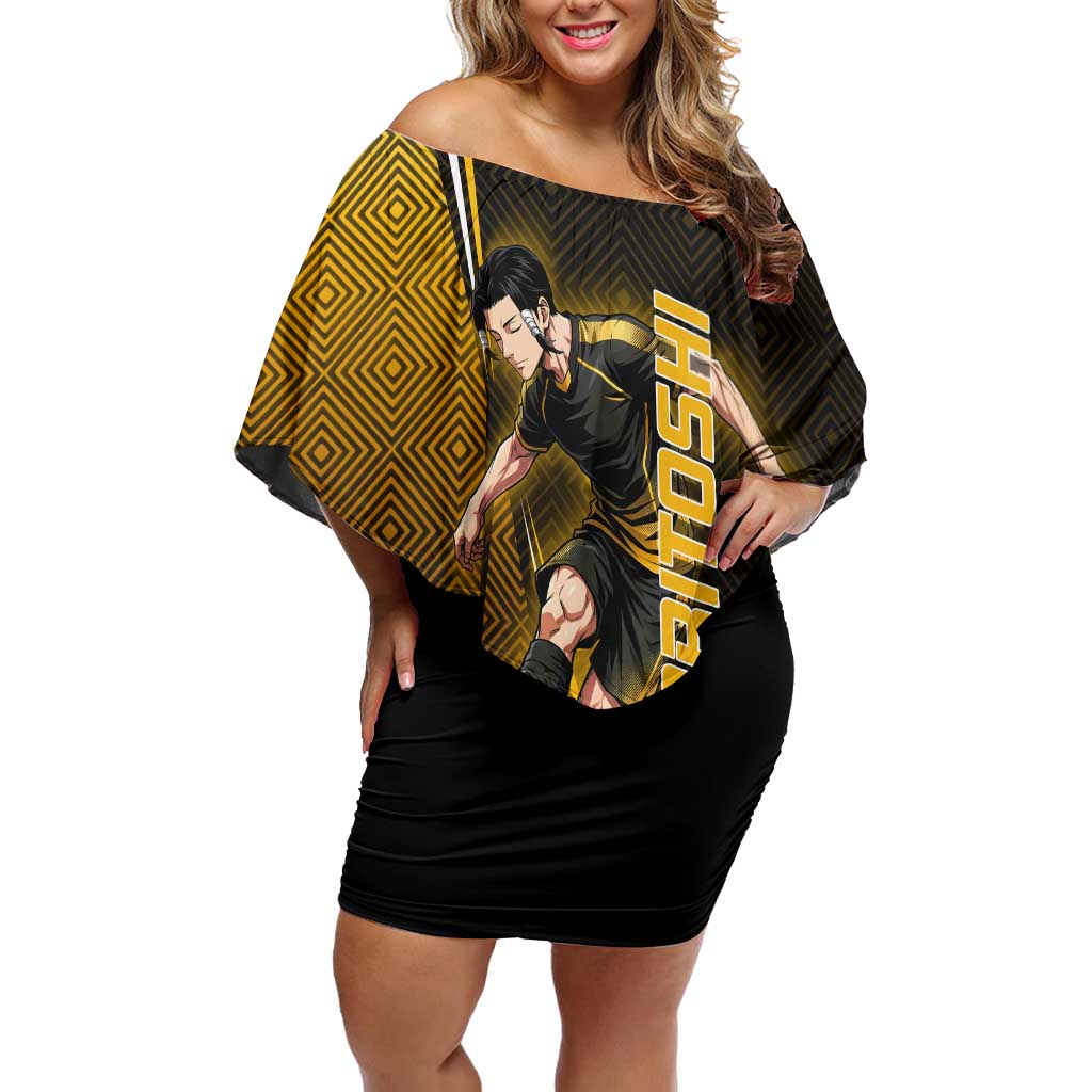 Personalized Noritoshi Kamo Jujutsu Kaisen Off Shoulder Short Dress Anime Soccer Theme with Yellow Geometric Design