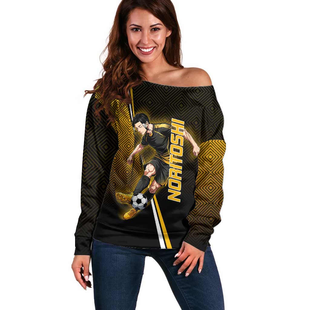 Personalized Noritoshi Kamo Jujutsu Kaisen Off Shoulder Sweater Anime Soccer Theme with Yellow Geometric Design
