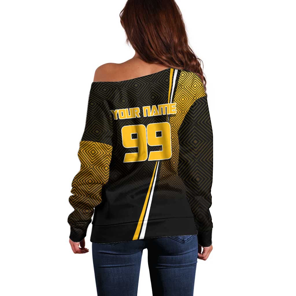 Personalized Noritoshi Kamo Jujutsu Kaisen Off Shoulder Sweater Anime Soccer Theme with Yellow Geometric Design