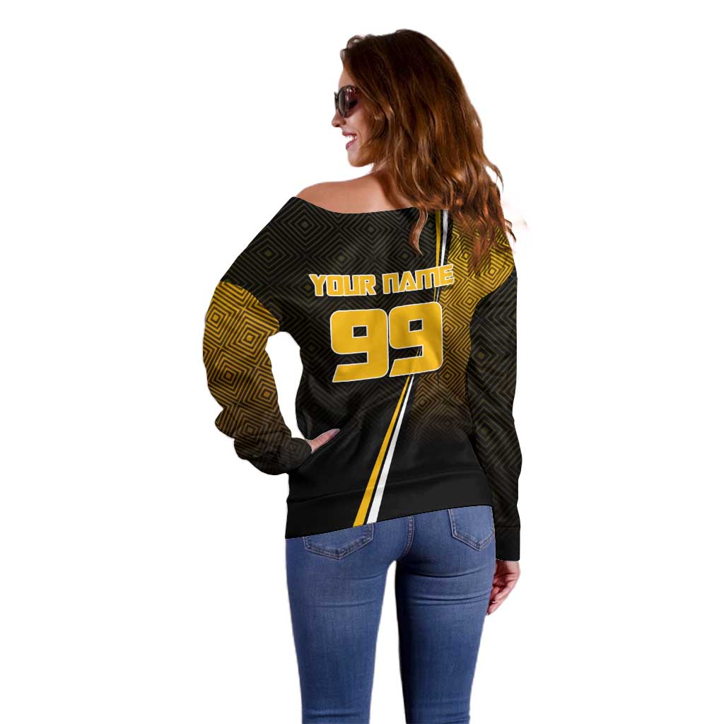 Personalized Noritoshi Kamo Jujutsu Kaisen Off Shoulder Sweater Anime Soccer Theme with Yellow Geometric Design