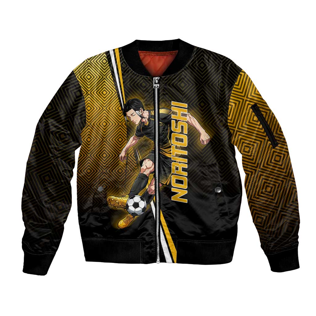 Personalized Noritoshi Kamo Jujutsu Kaisen Sleeve Zip Bomber Jacket Anime Soccer Theme with Yellow Geometric Design