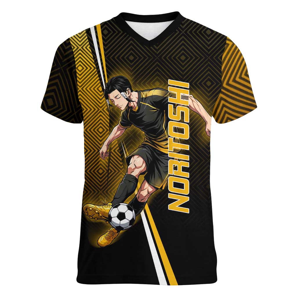 Personalized Noritoshi Kamo Jujutsu Kaisen Women V-Neck T-Shirt Anime Soccer Theme with Yellow Geometric Design