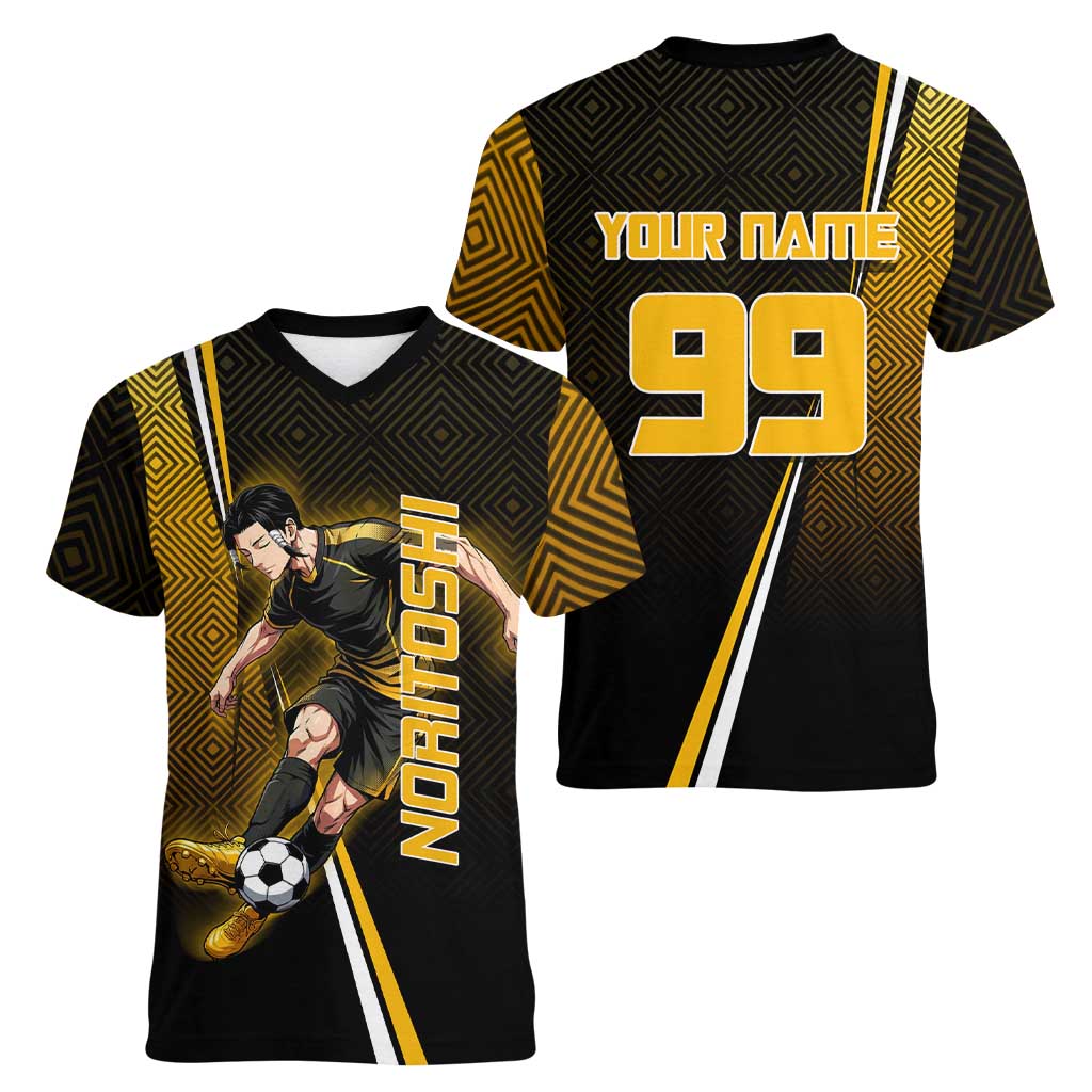 Personalized Noritoshi Kamo Jujutsu Kaisen Women V-Neck T-Shirt Anime Soccer Theme with Yellow Geometric Design