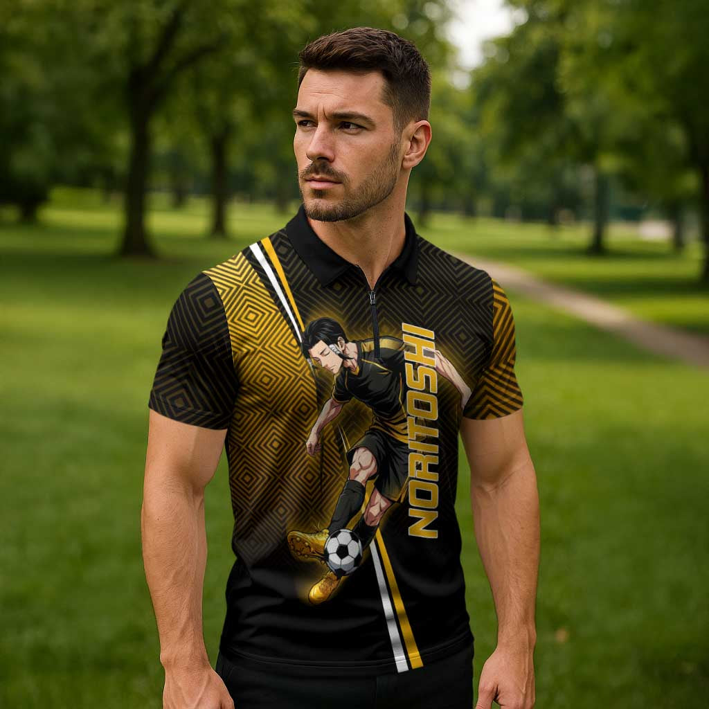 Personalized Noritoshi Kamo Jujutsu Kaisen Zipper Polo Shirt Anime Soccer Theme with Yellow Geometric Design