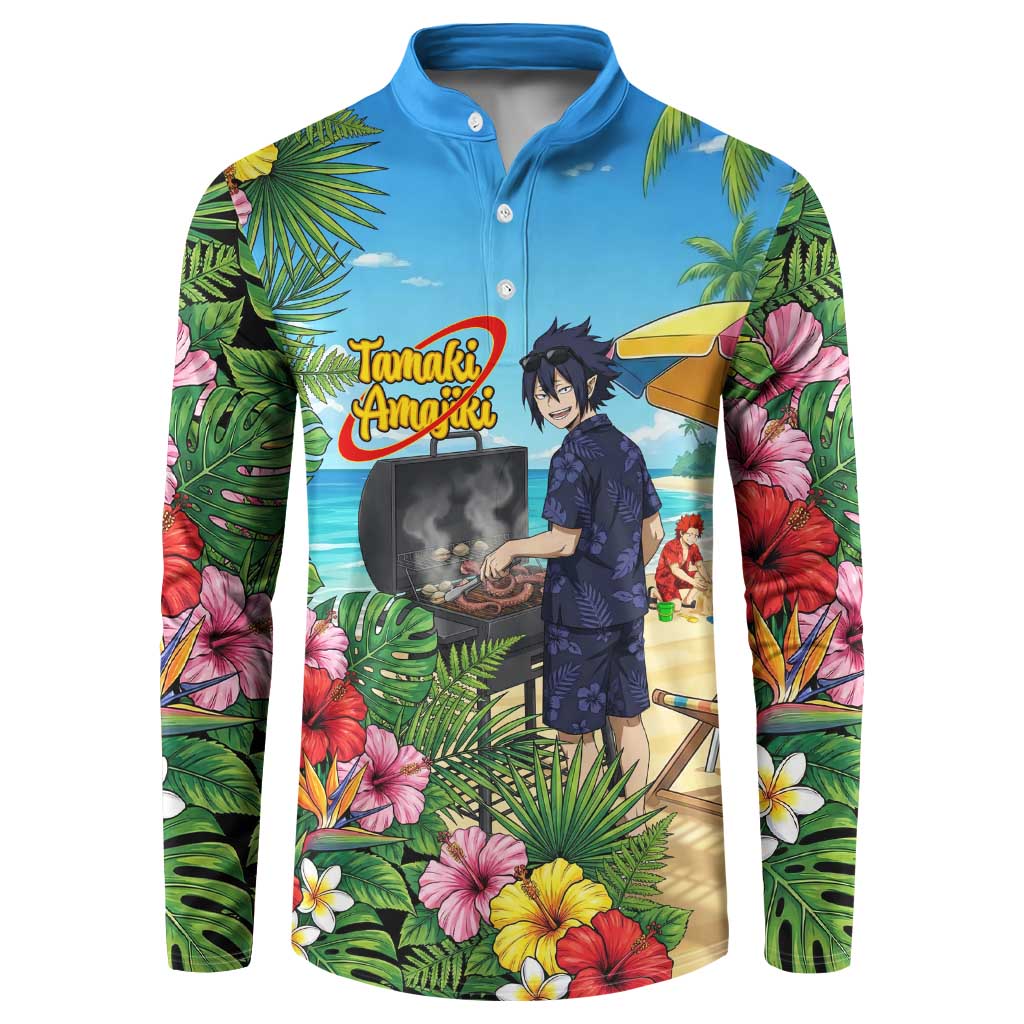 Tamaki Amajiki Summer Chill Button Sweatshirt Tropical Anime Beach Scene