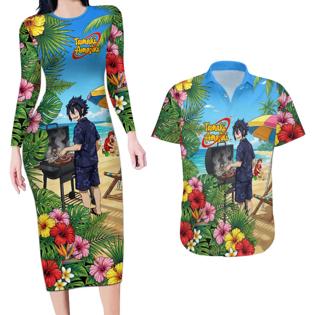 Tamaki Amajiki Summer Chill Couples Matching Long Sleeve Bodycon Dress and Hawaiian Shirt Tropical Anime Beach Scene