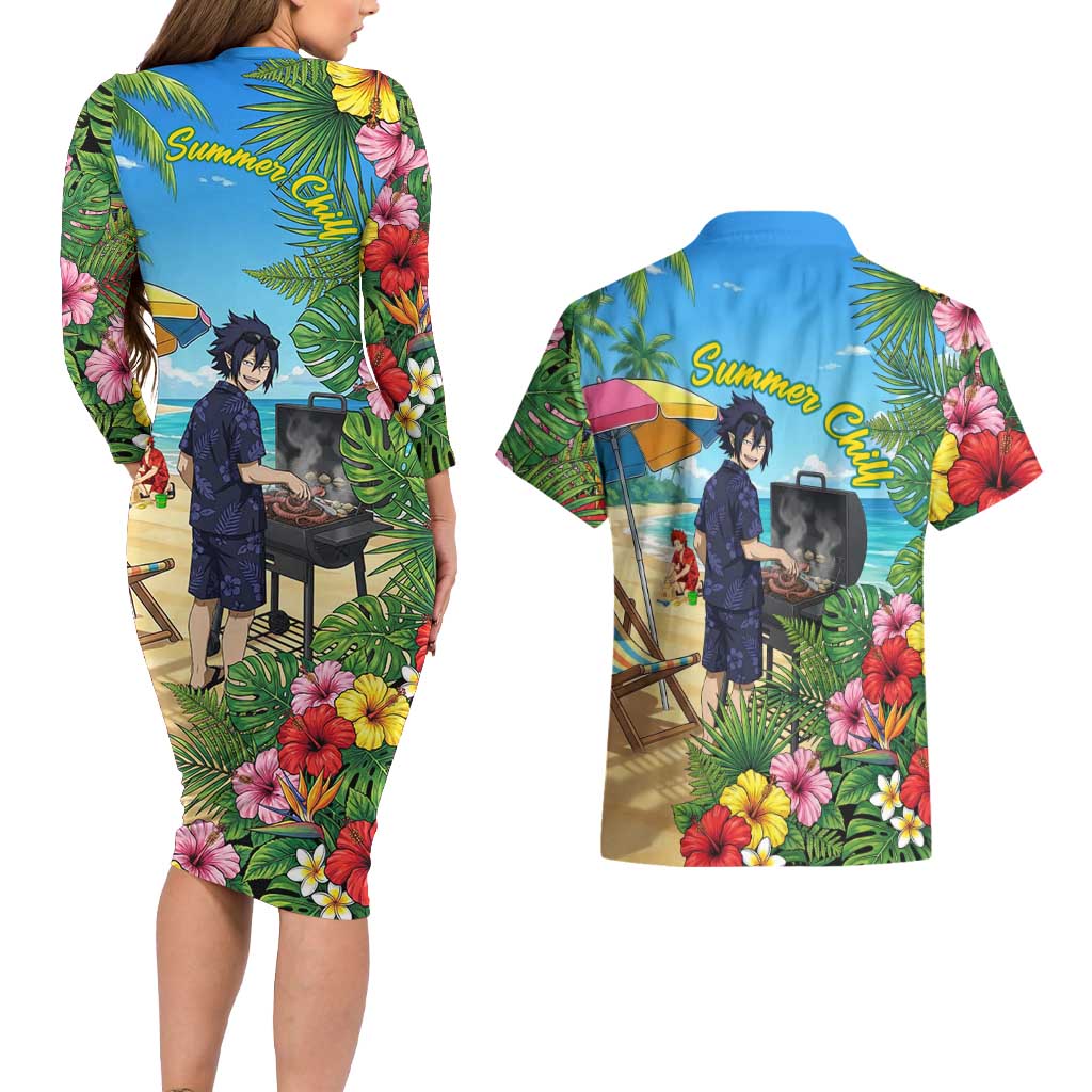 Tamaki Amajiki Summer Chill Couples Matching Long Sleeve Bodycon Dress and Hawaiian Shirt Tropical Anime Beach Scene